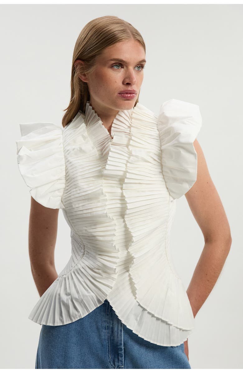 Pleated Ruffle Sleeve Woven Top
