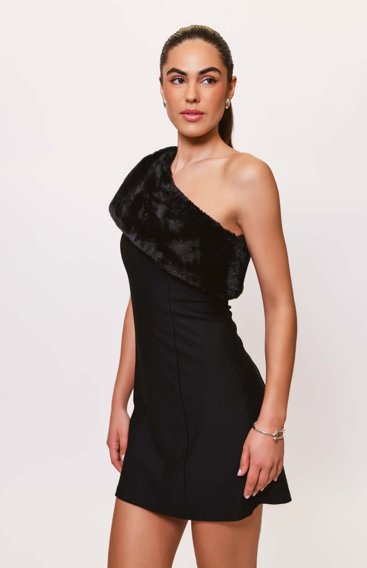 Faux Fur One-Shoulder Mini Dress