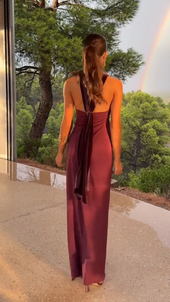Burgundy Satin Halter Neck Long Dress
