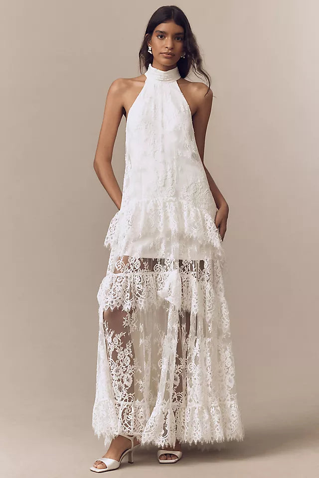 Lace Halter Ruffle Peekaboo Maxi Dress