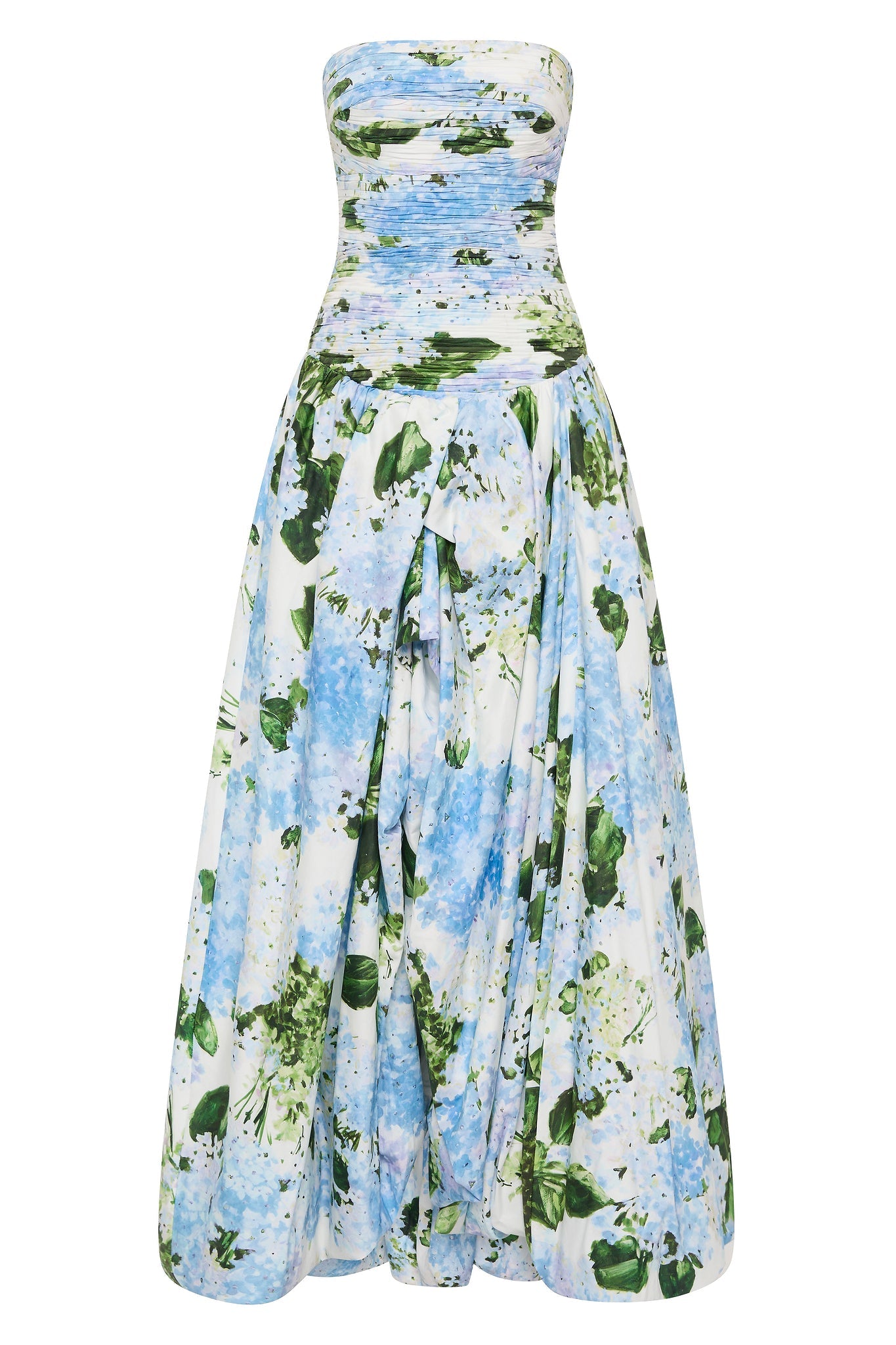 Blue Floral Pleated Strapless Long Dress