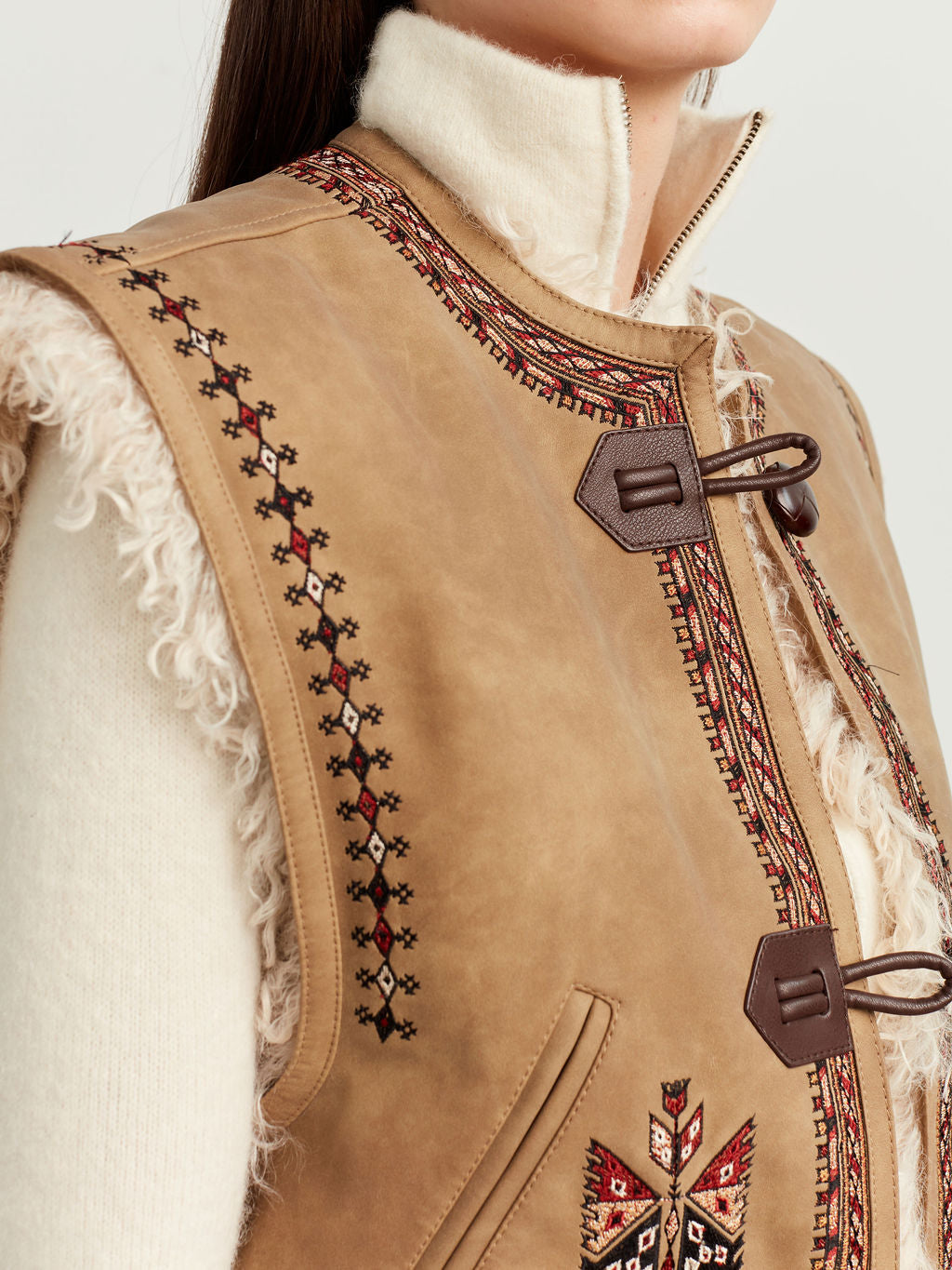 Embroidered Suede Fur Vest