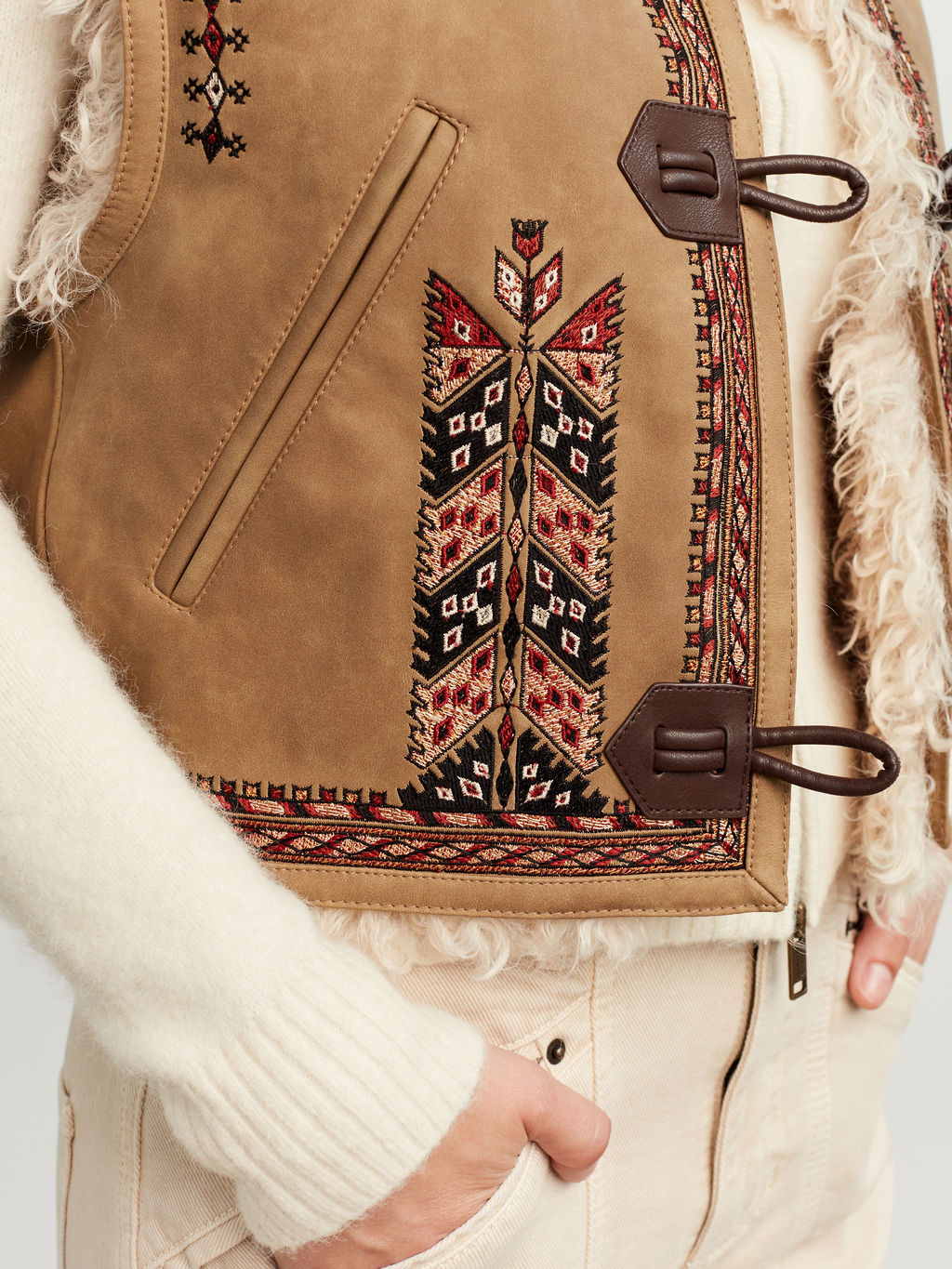 Embroidered Suede Fur Vest