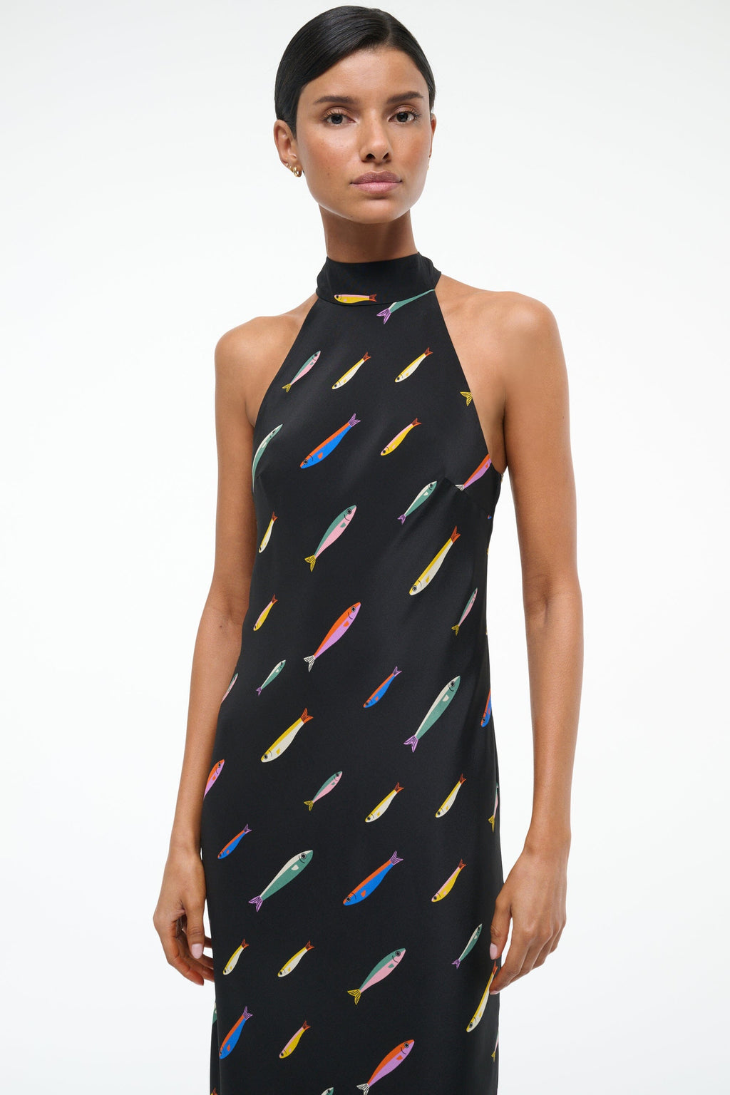 Sardine-Print Black Halter-Neck Dress