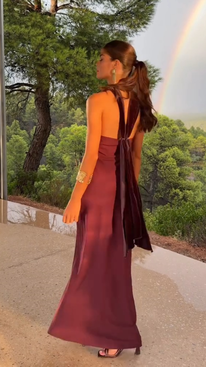 Burgundy Satin Halter Neck Long Dress