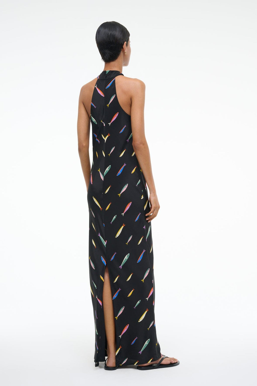 Sardine-Print Black Halter-Neck Dress
