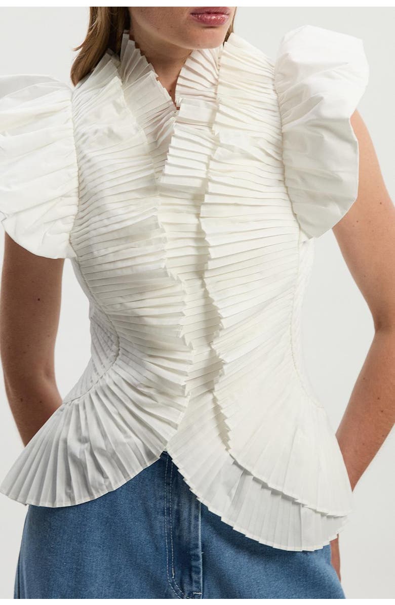 Pleated Ruffle Sleeve Woven Top
