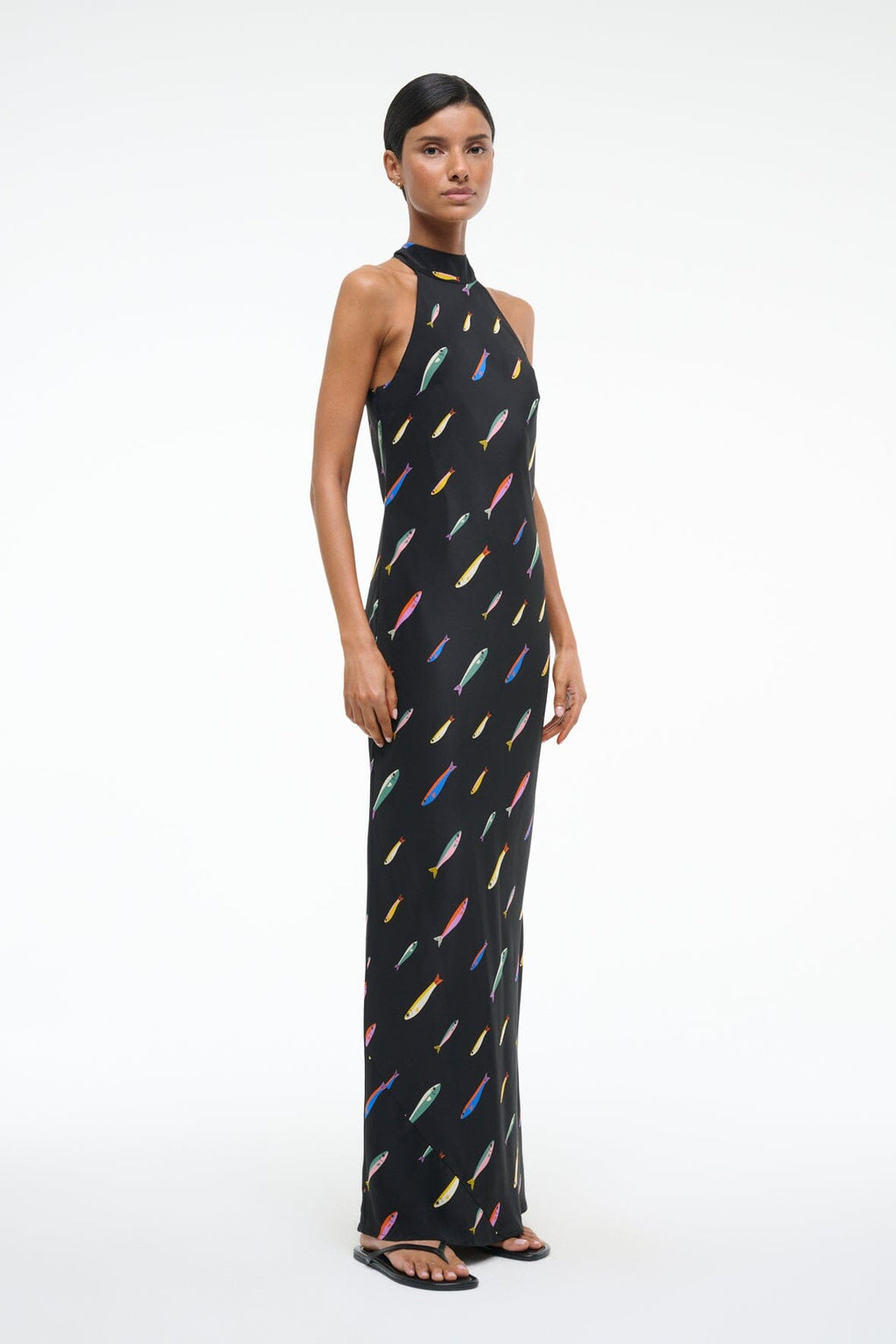 Sardine-Print Black Halter-Neck Dress