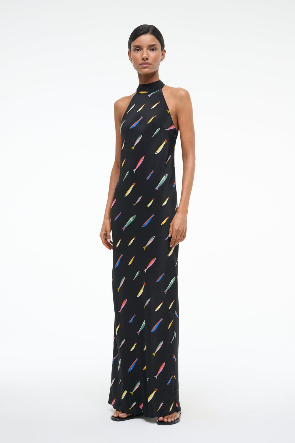 Sardine-Print Black Halter-Neck Dress