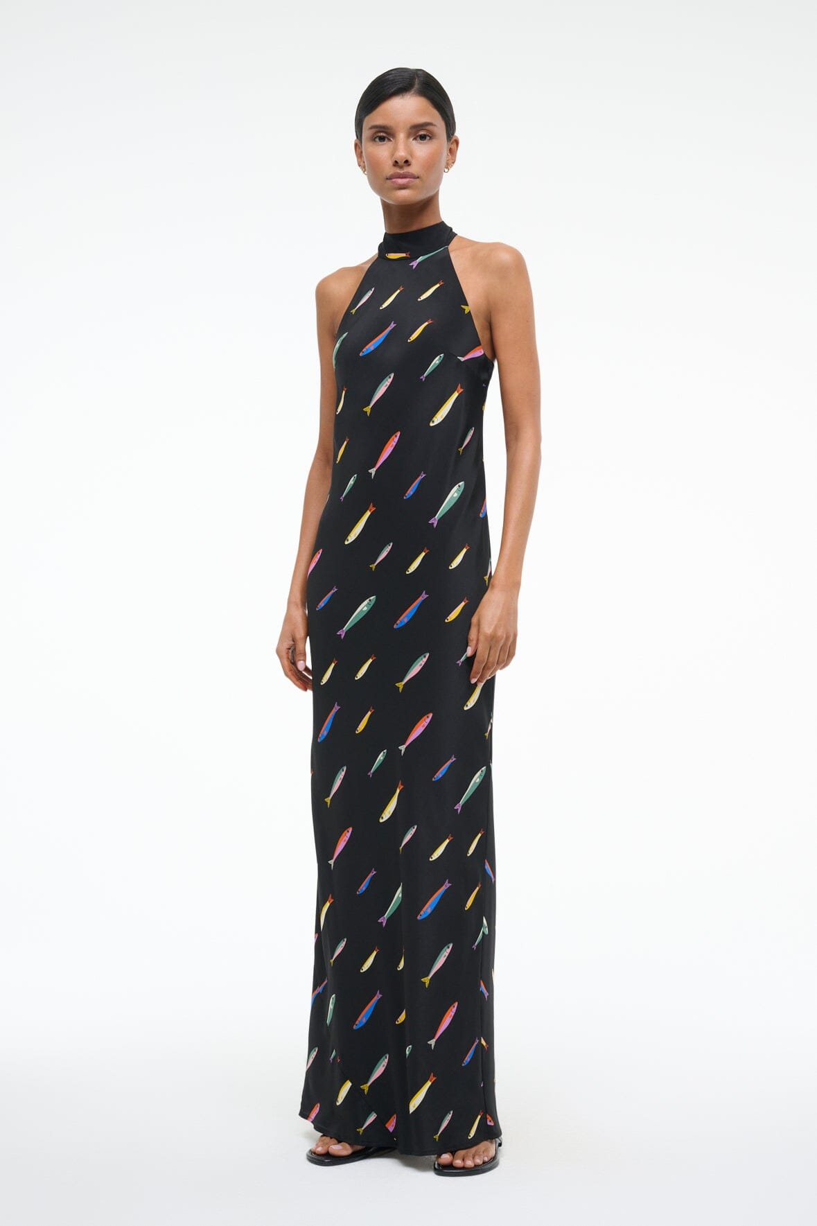 Sardine-Print Black Halter-Neck Dress