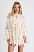 Beige Swiss Dot Cape Sleeve Layered Mini Dress