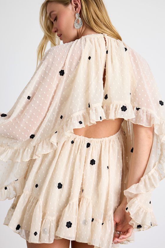 Beige Swiss Dot Cape Sleeve Layered Mini Dress