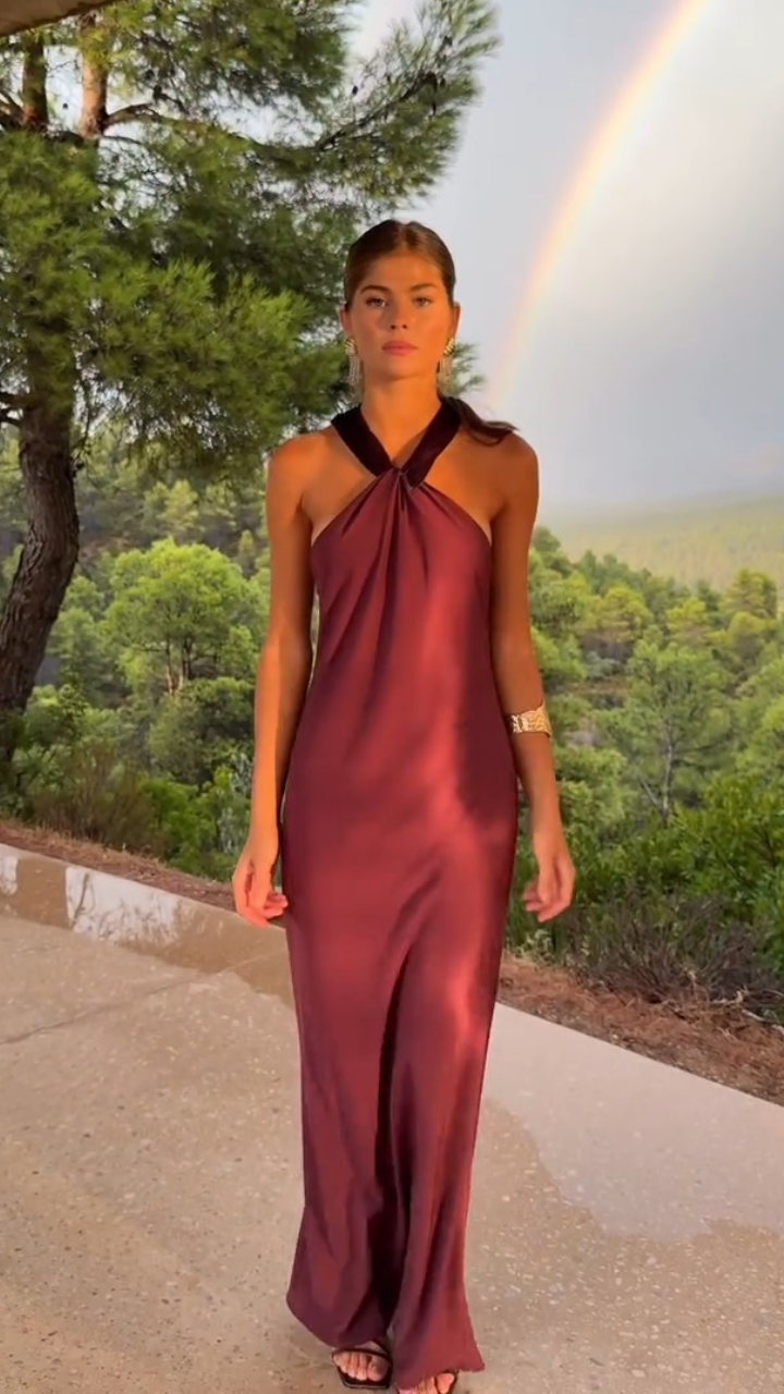 Burgundy Satin Halter Neck Long Dress