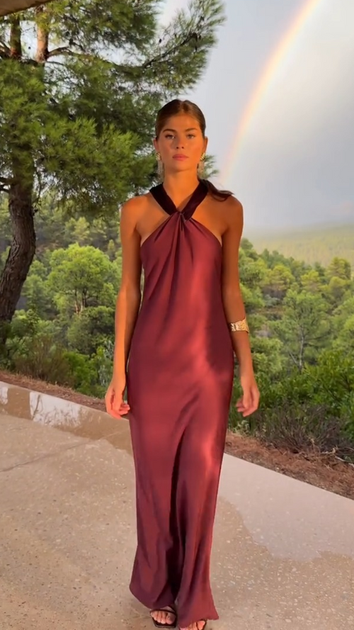 Burgundy Satin Halter Neck Long Dress