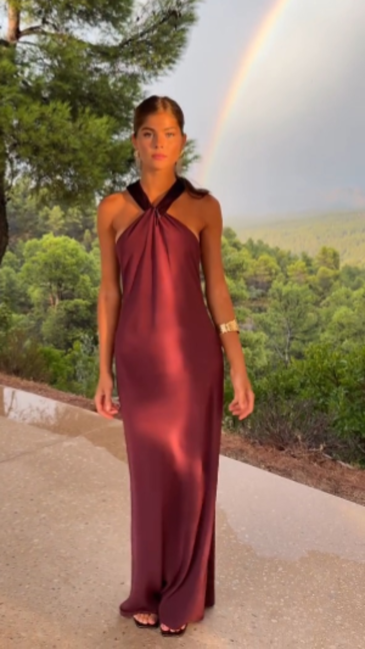 Burgundy Satin Halter Neck Long Dress