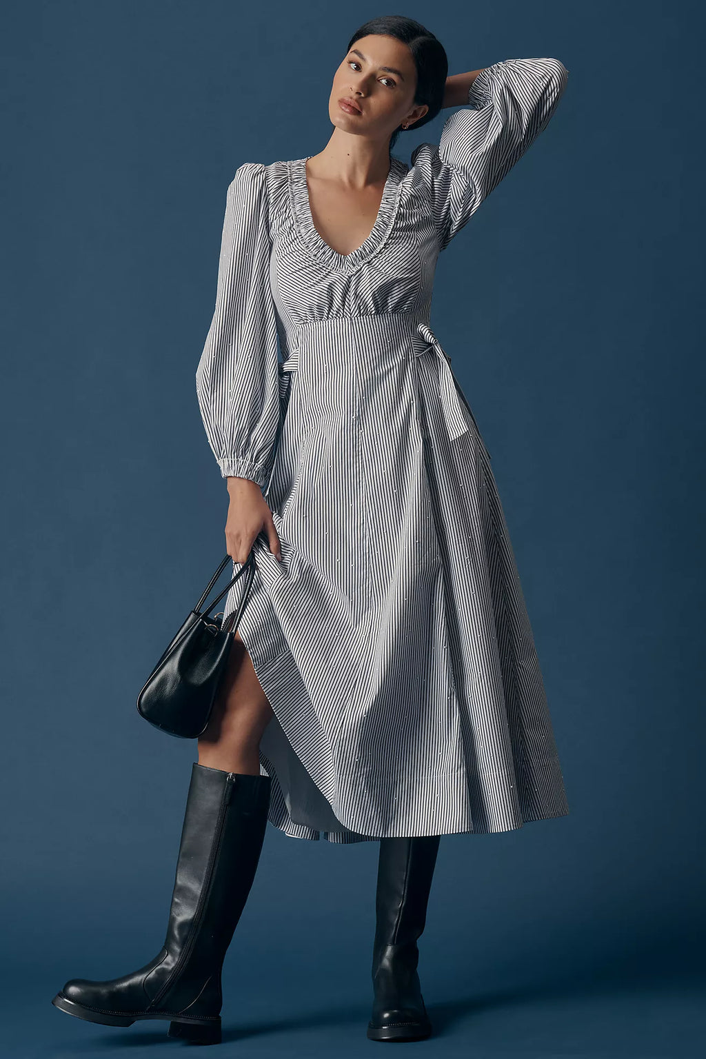 Long-Sleeved V-Neck A-Line Midi Dress
