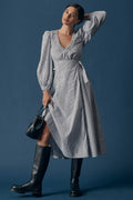 Long-Sleeved V-Neck A-Line Midi Dress
