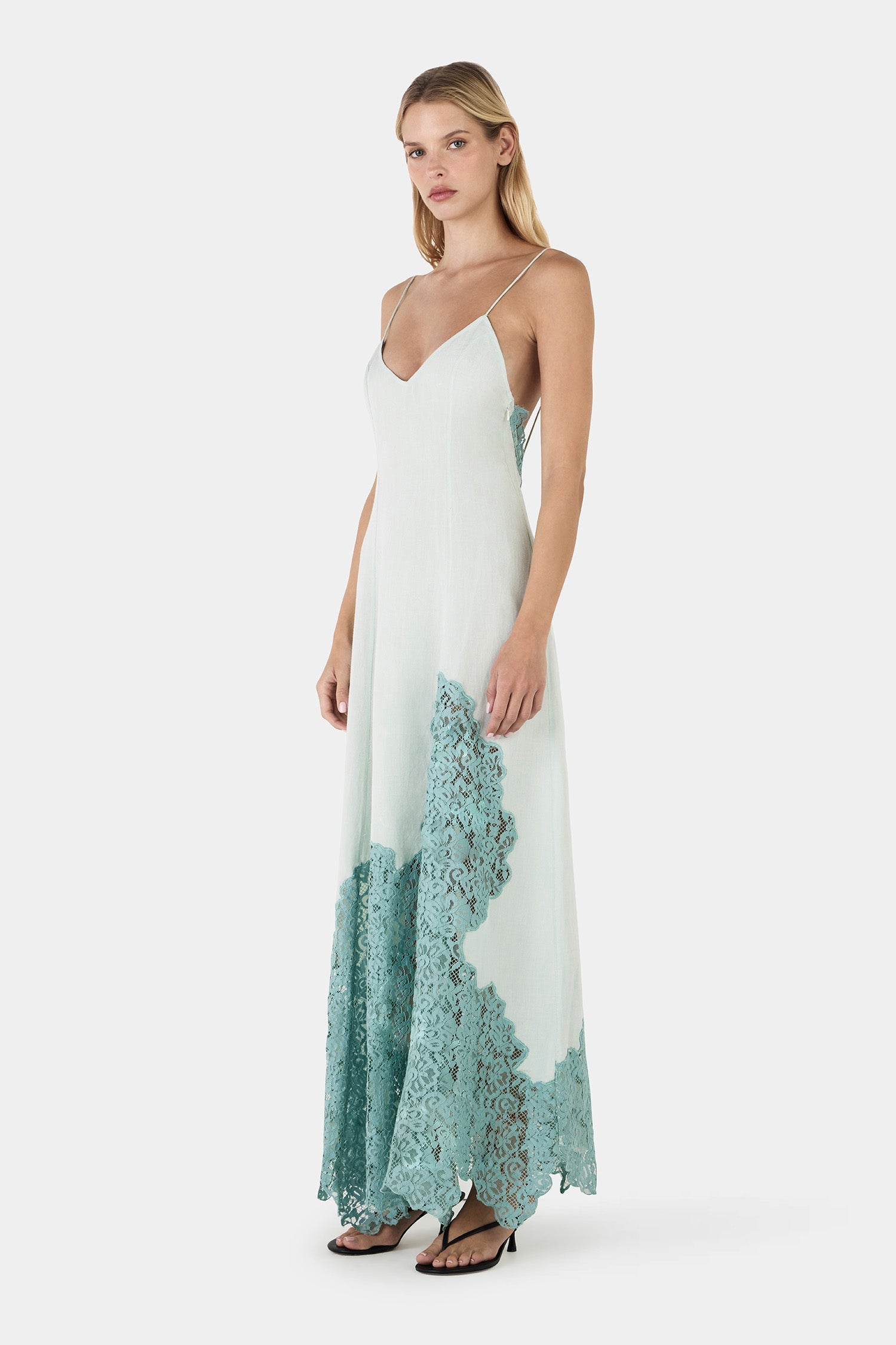 Ocean-Colored Lace Long Dress