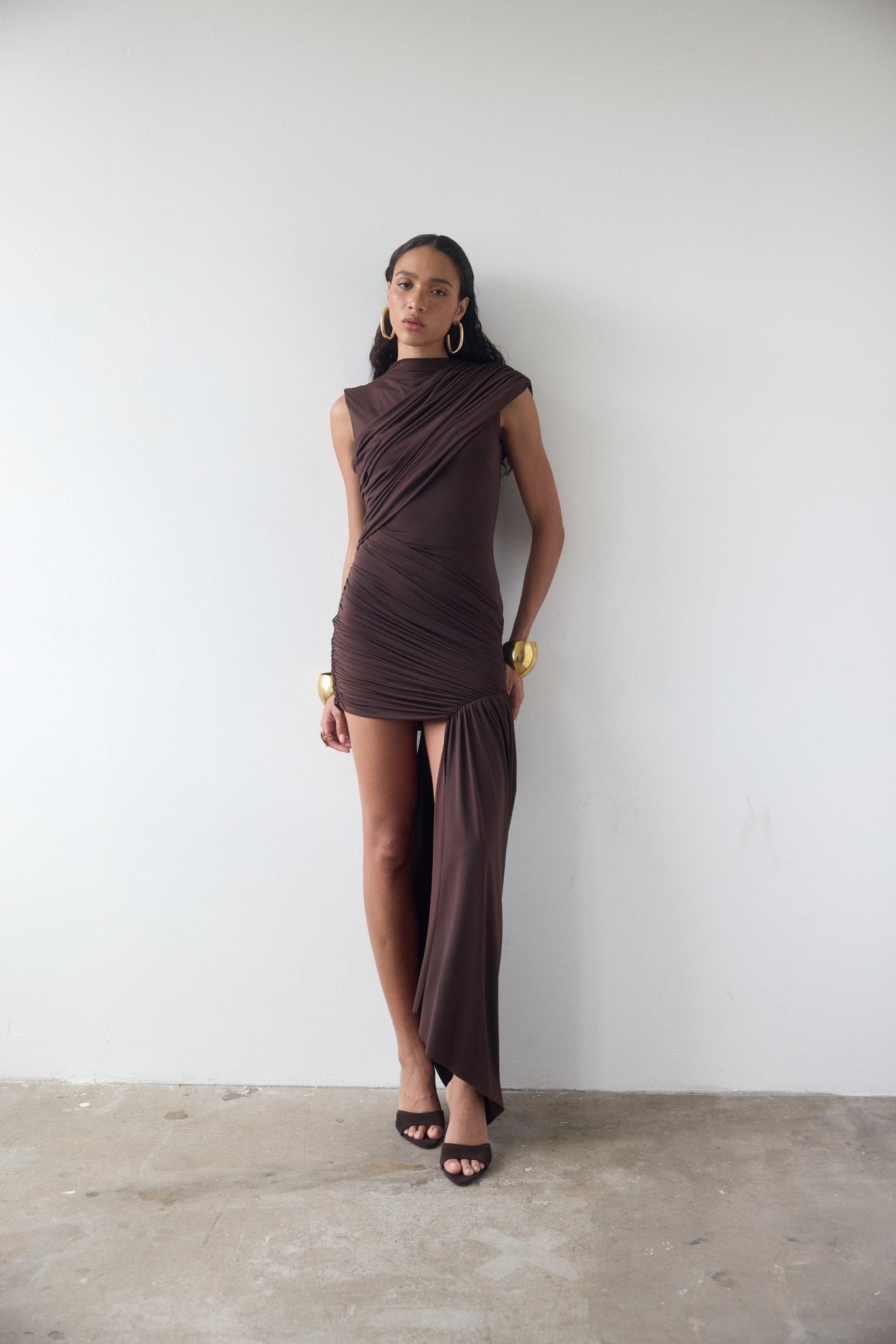Chocolate-Colored Irregular Mini Dress