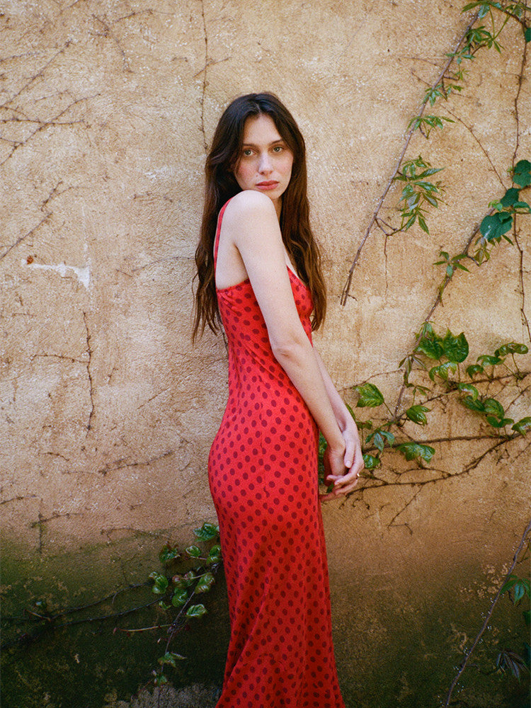 Red polka dot slip dress