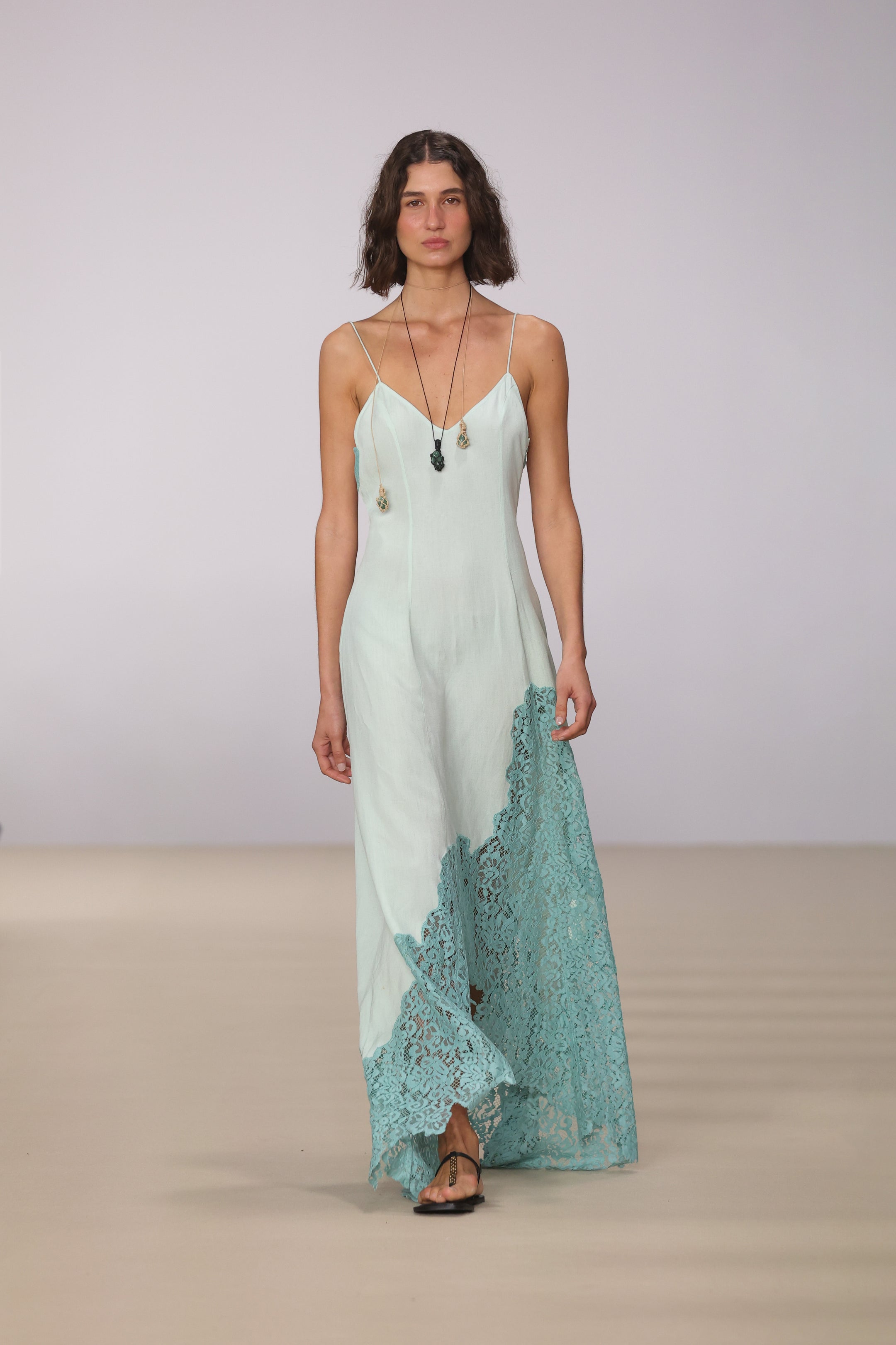 Ocean-Colored Lace Long Dress