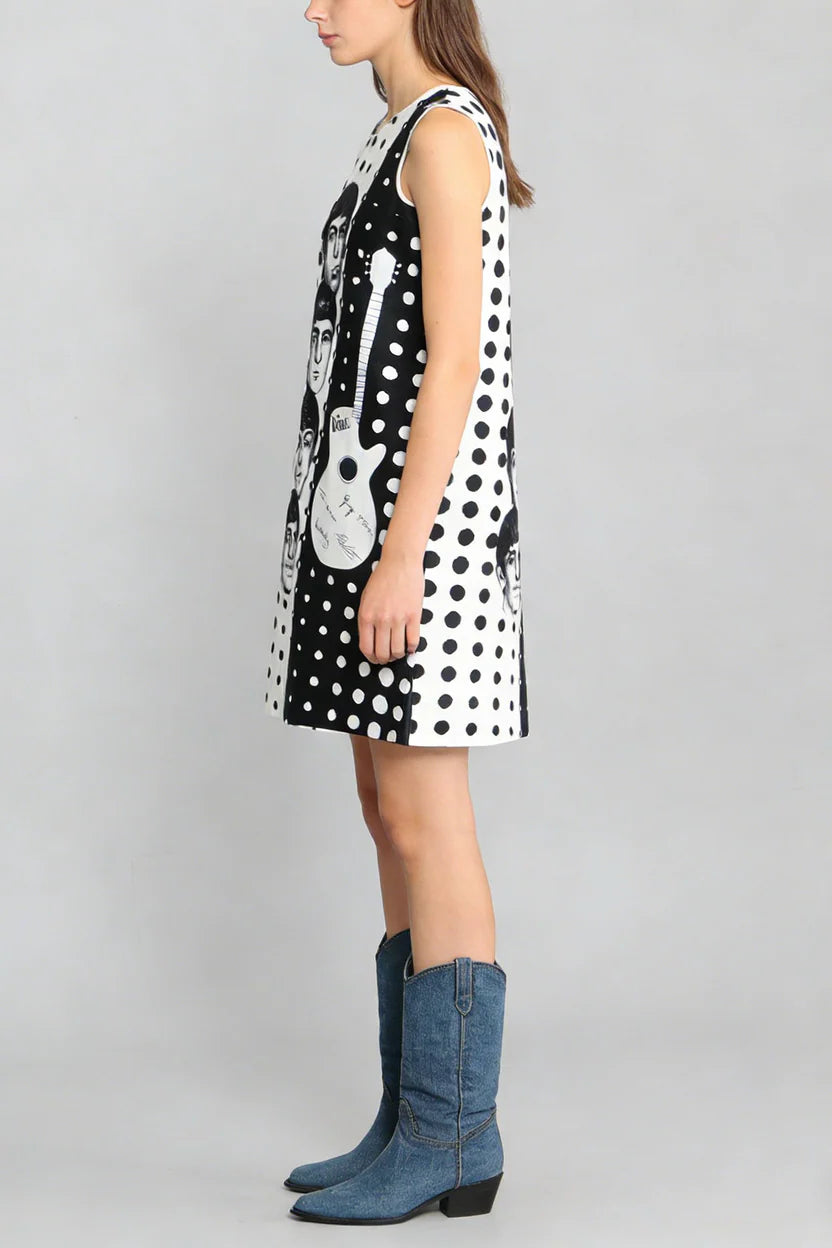 Polka Dot Rock-Style illustrated Color-Blocked Sleeveless Mini Dress