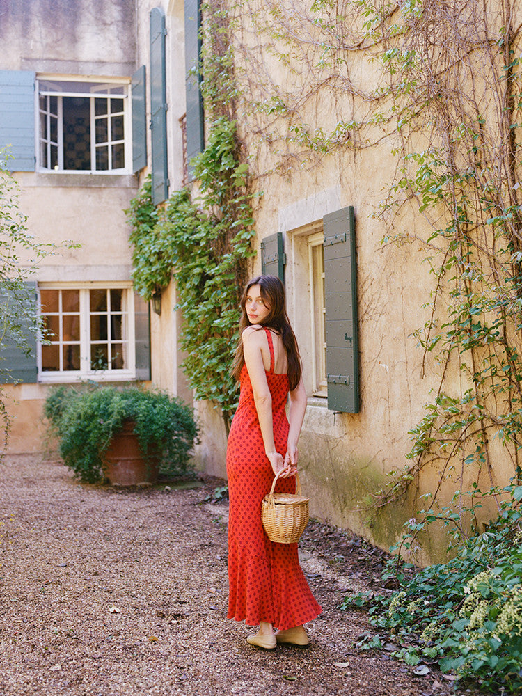 Red polka dot slip dress