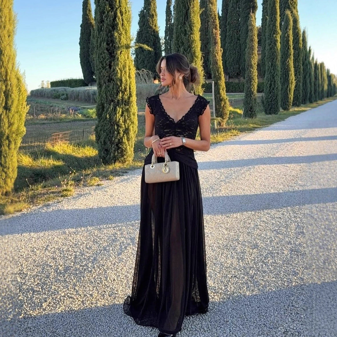 Elegant Deep V-Neck Lace Dress