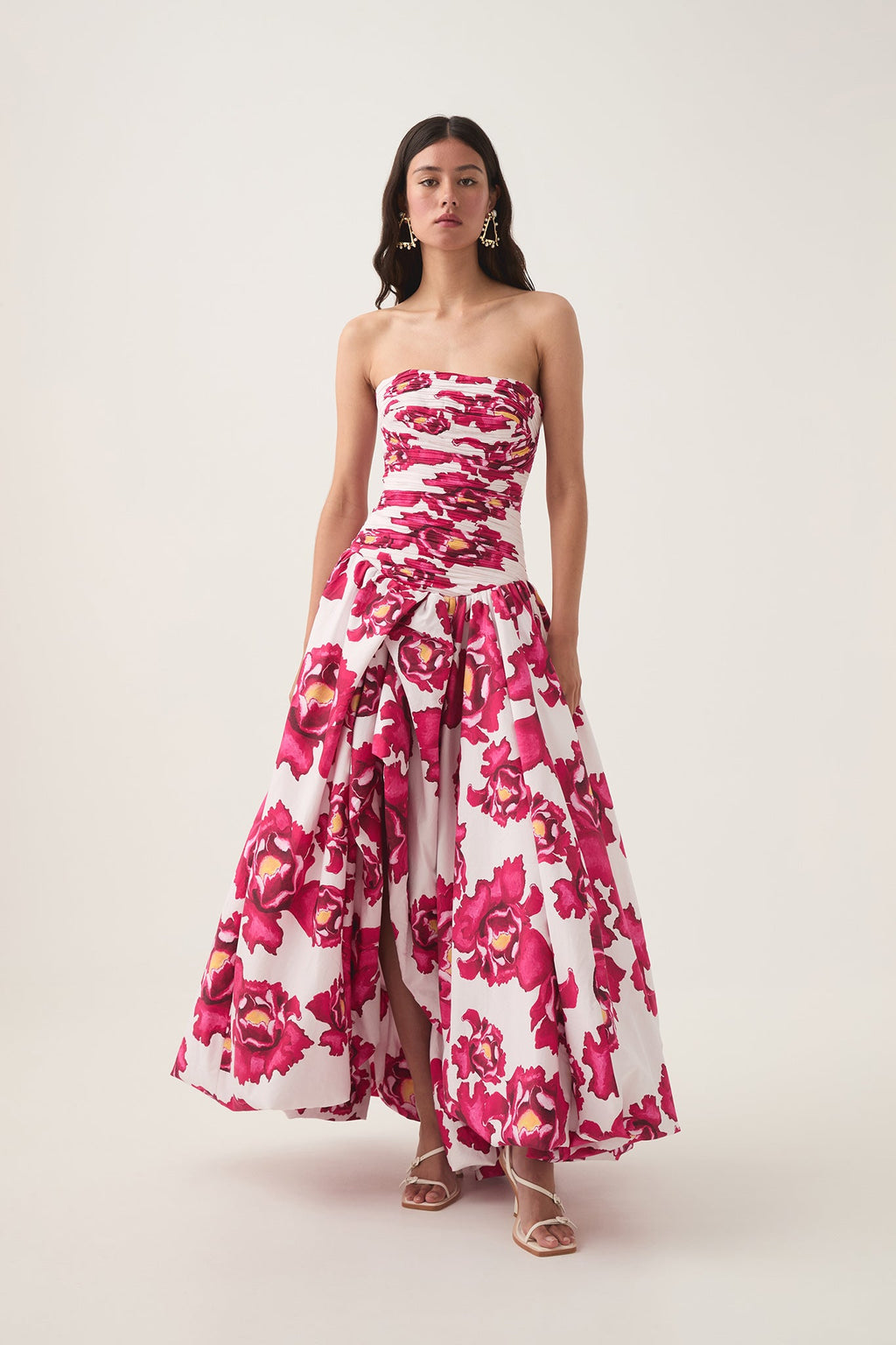 Floral Pleated Strapless Long Dress