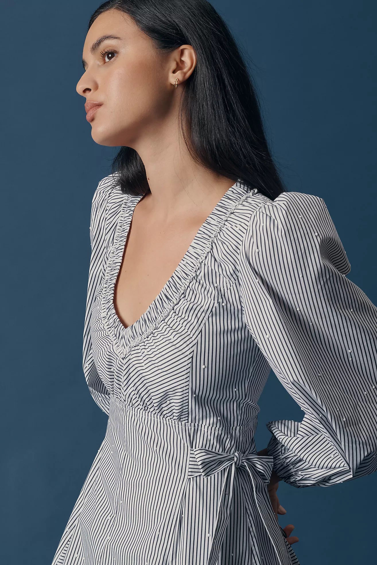 Long-Sleeved V-Neck A-Line Midi Dress