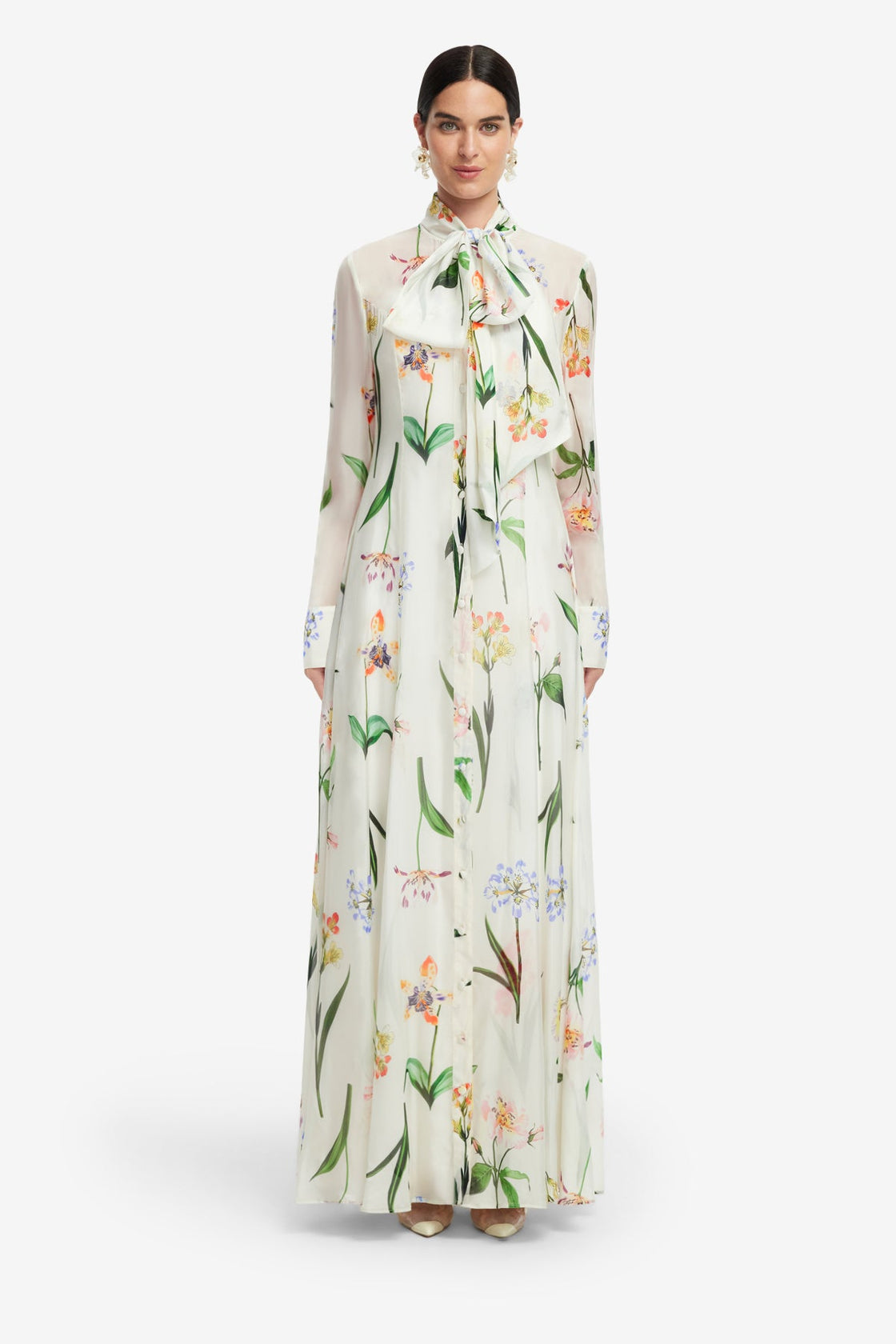 Floral Print With A Tie-Neck Collar Long Dress
