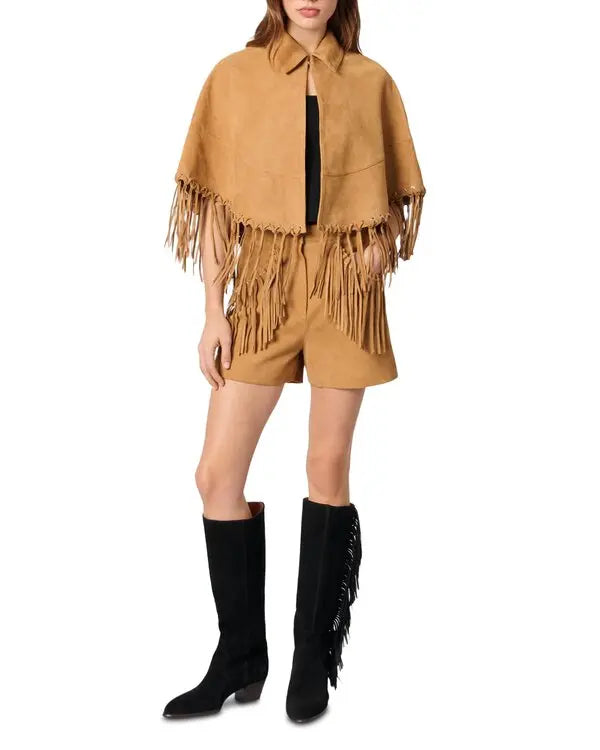 Fringe-Trimmed Leather Cape