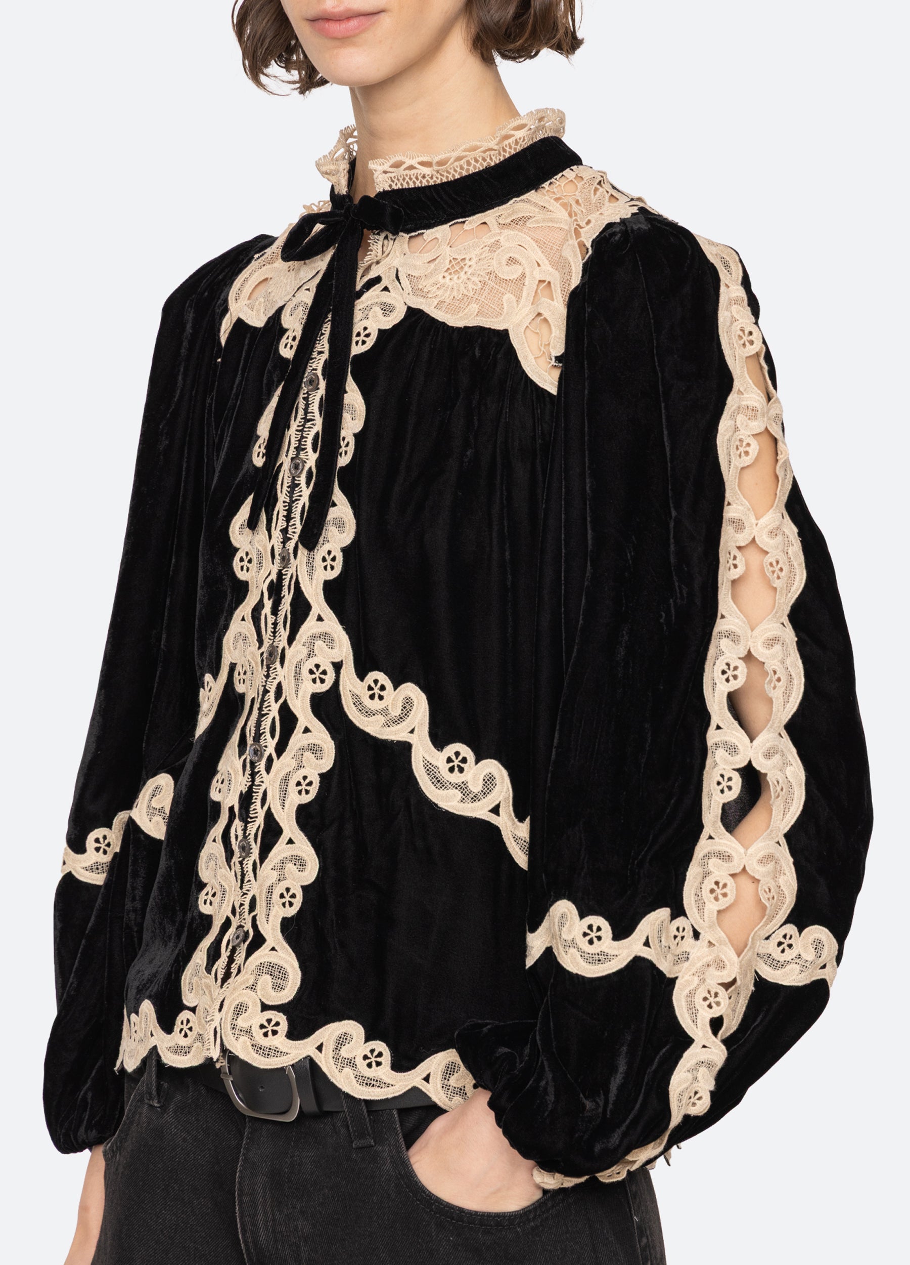 Lace Embroidered  Long-Sleeved Top