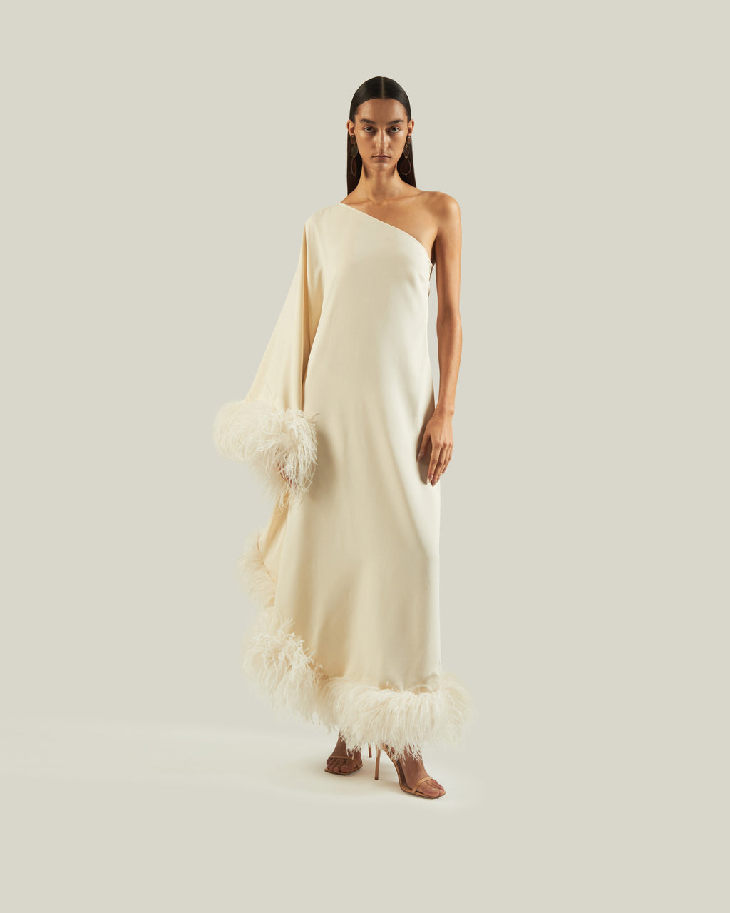 Feather-Trimmed One-Shoulder Dress