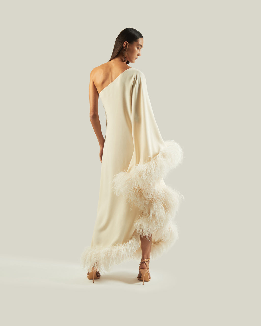 Feather-Trimmed One-Shoulder Dress