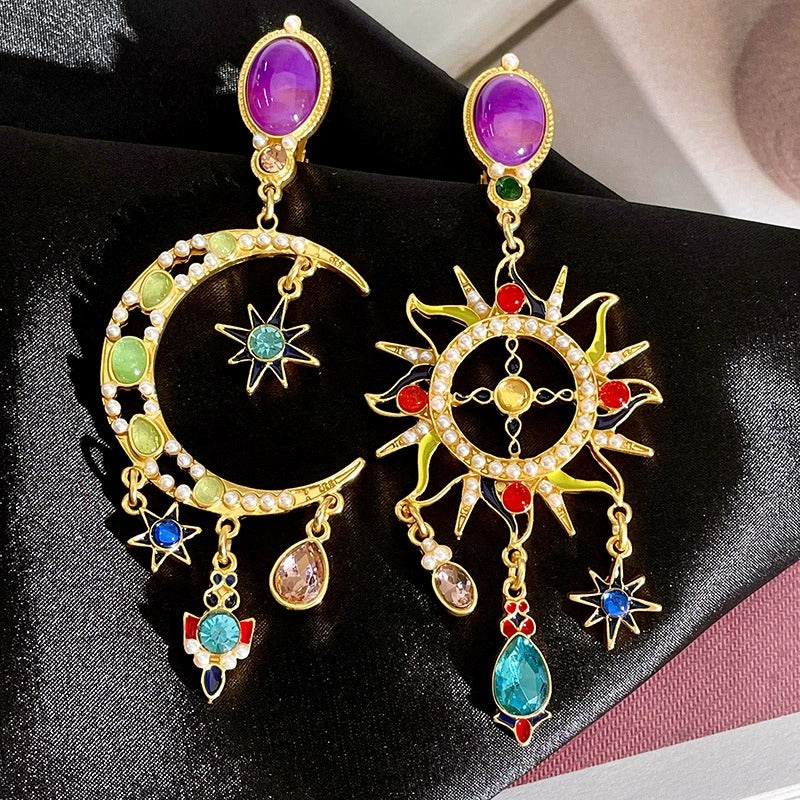 Sunburst Moon Asymmetrical Earrings