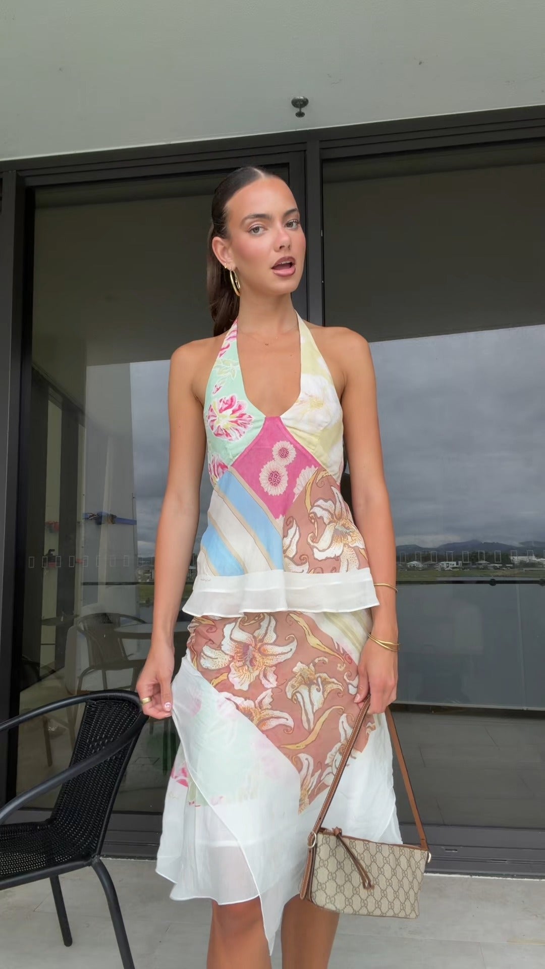 Color-Blocked Printed Halter Neck Set