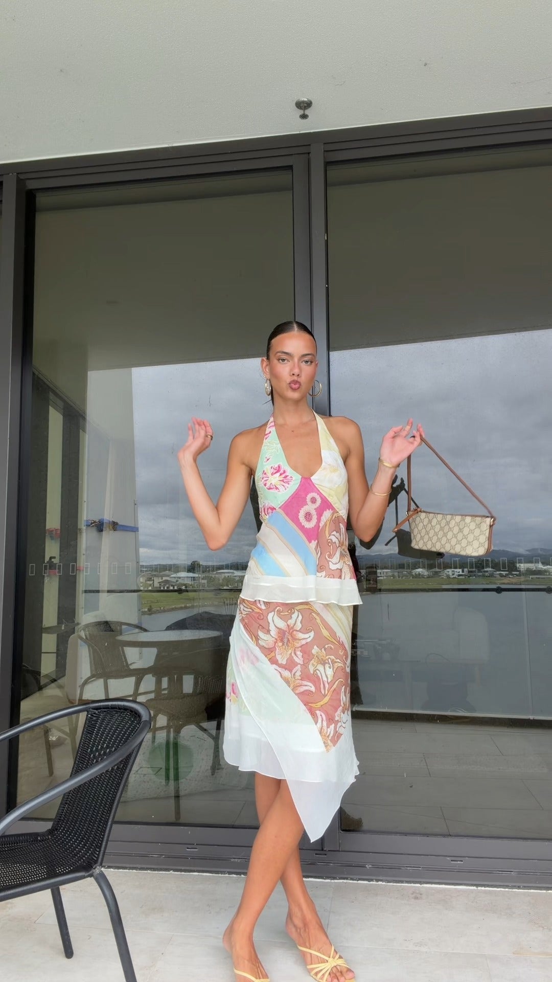 Color-Blocked Printed Halter Neck Set