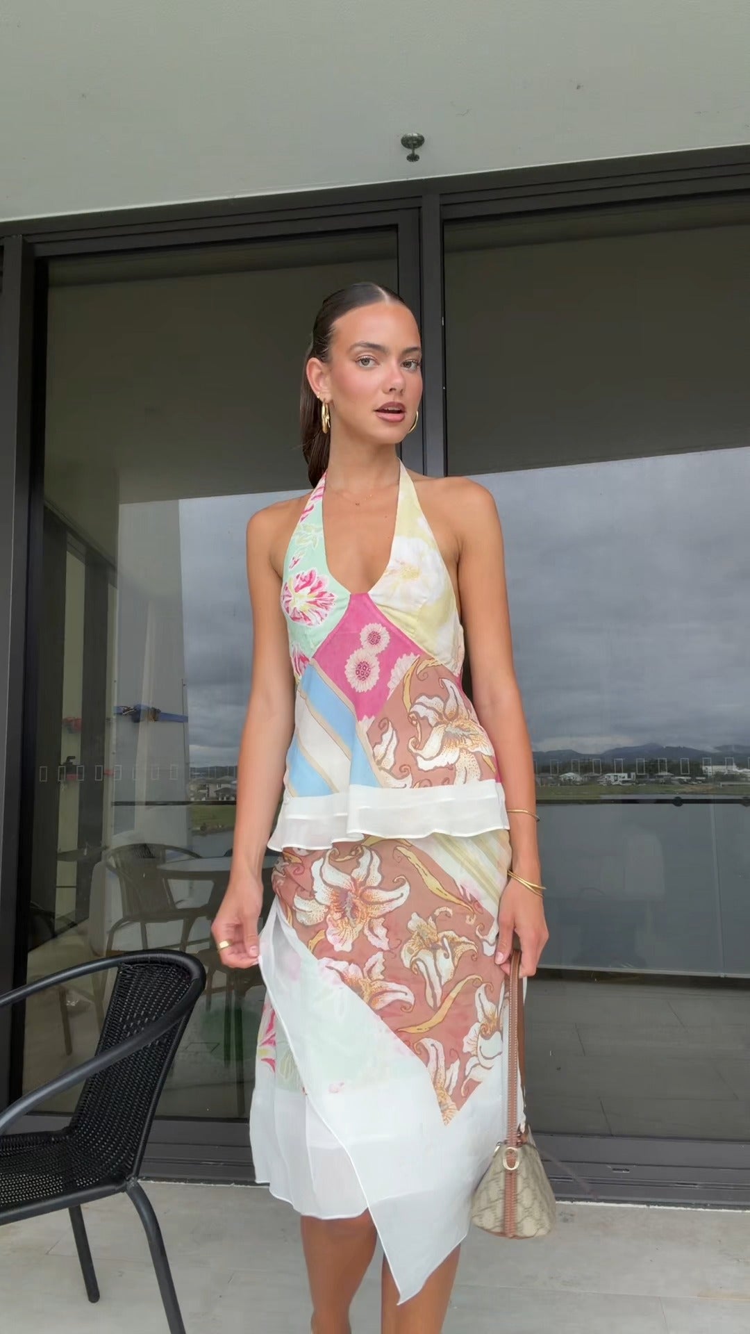 Color-Blocked Printed Halter Neck Set