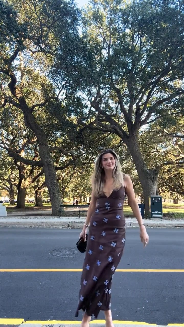 Blue Floral V-Neck Slim-Fit Long Dress