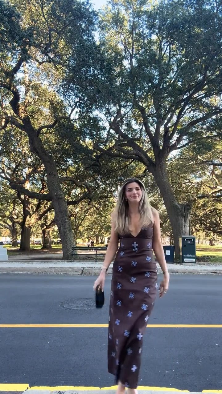 Blue Floral V-Neck Slim-Fit Long Dress