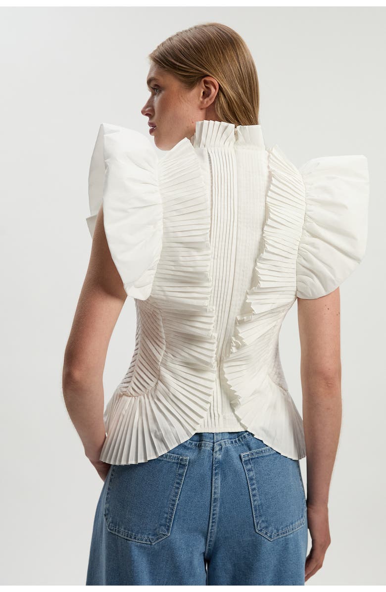 Pleated Ruffle Sleeve Woven Top
