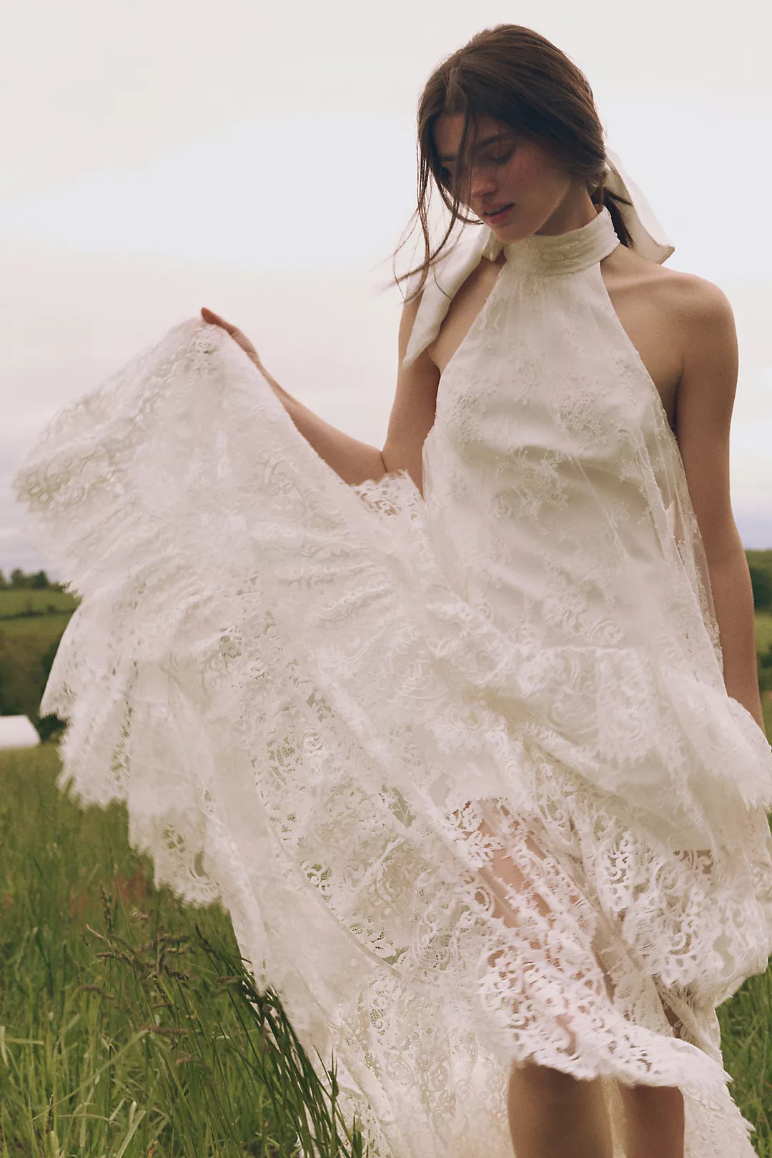 Lace Halter Ruffle Peekaboo Maxi Dress