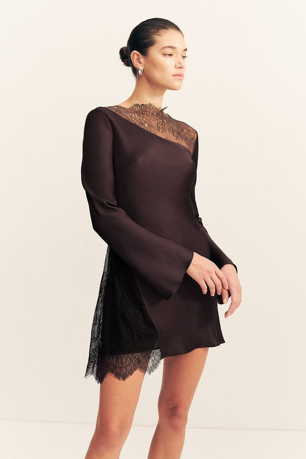Brown Lace-Paneled Mini Dress