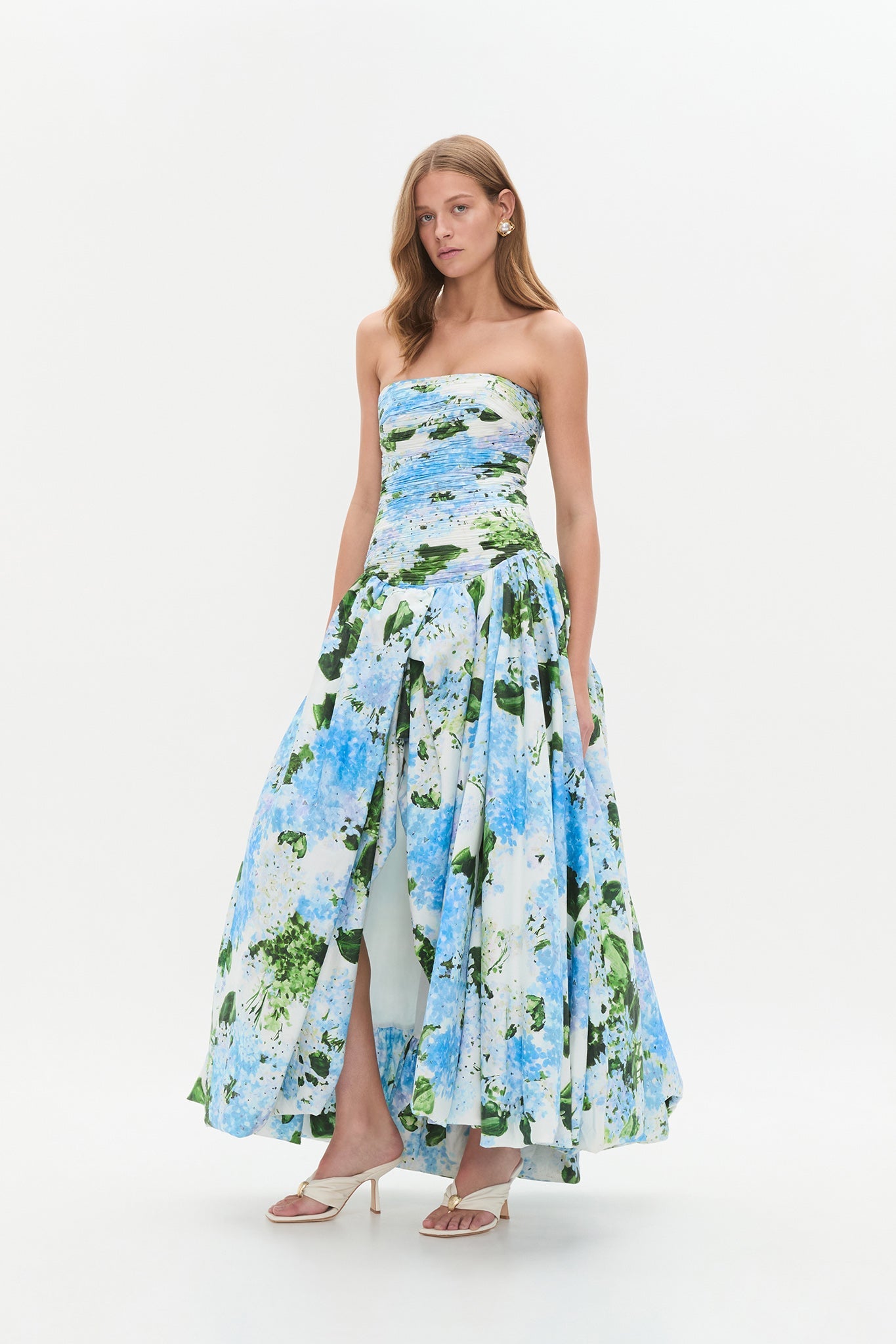 Blue Floral Pleated Strapless Long Dress