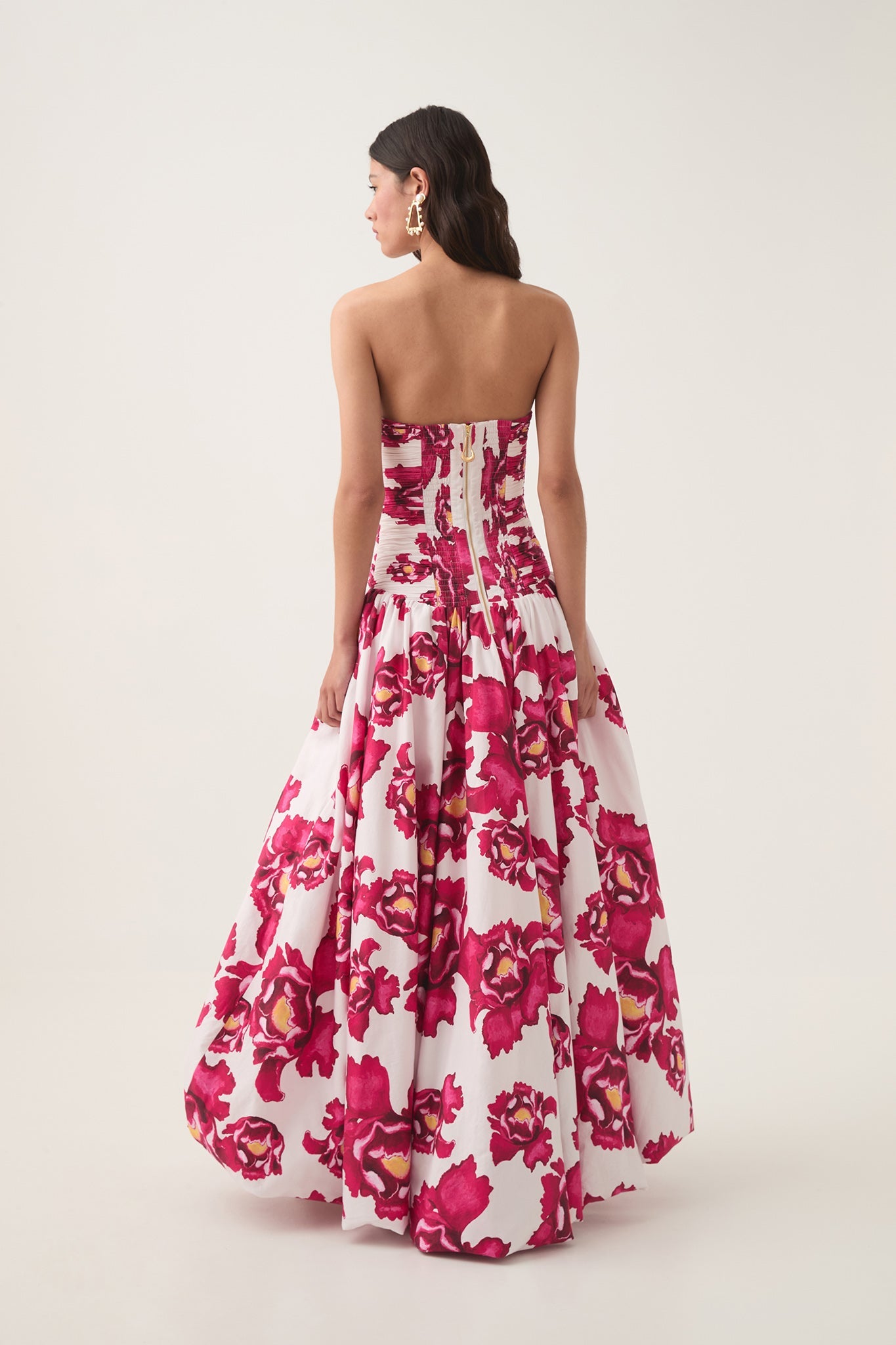Floral Pleated Strapless Long Dress