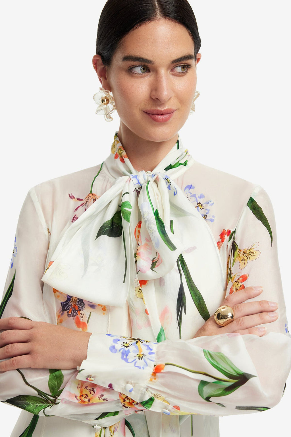 Floral Print With A Tie-Neck Collar Long Dress