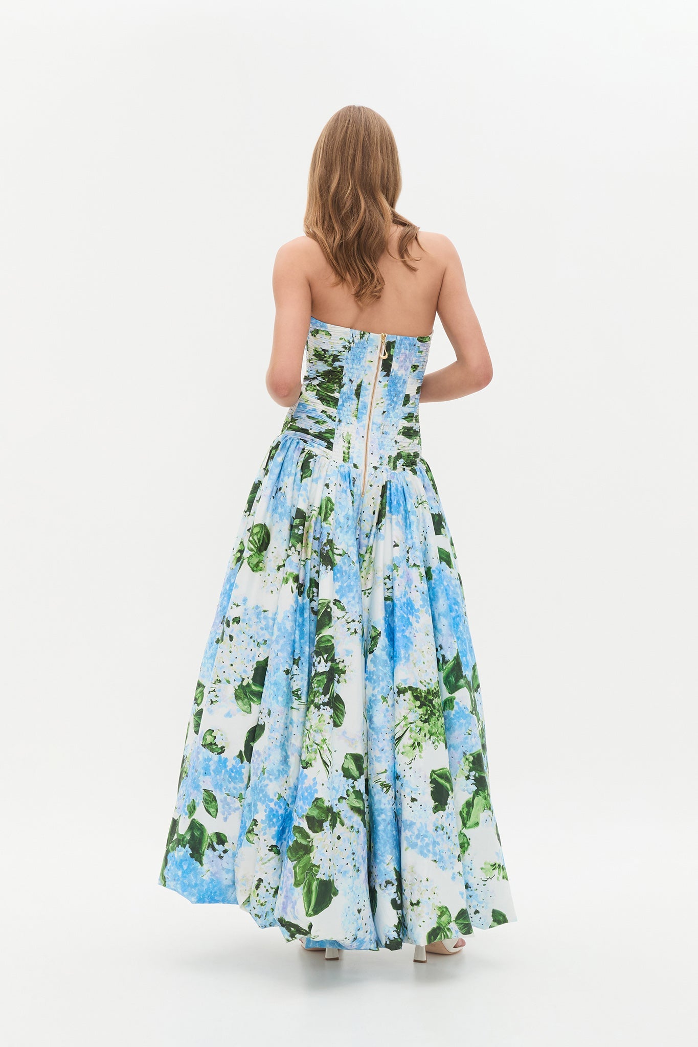 Blue Floral Pleated Strapless Long Dress